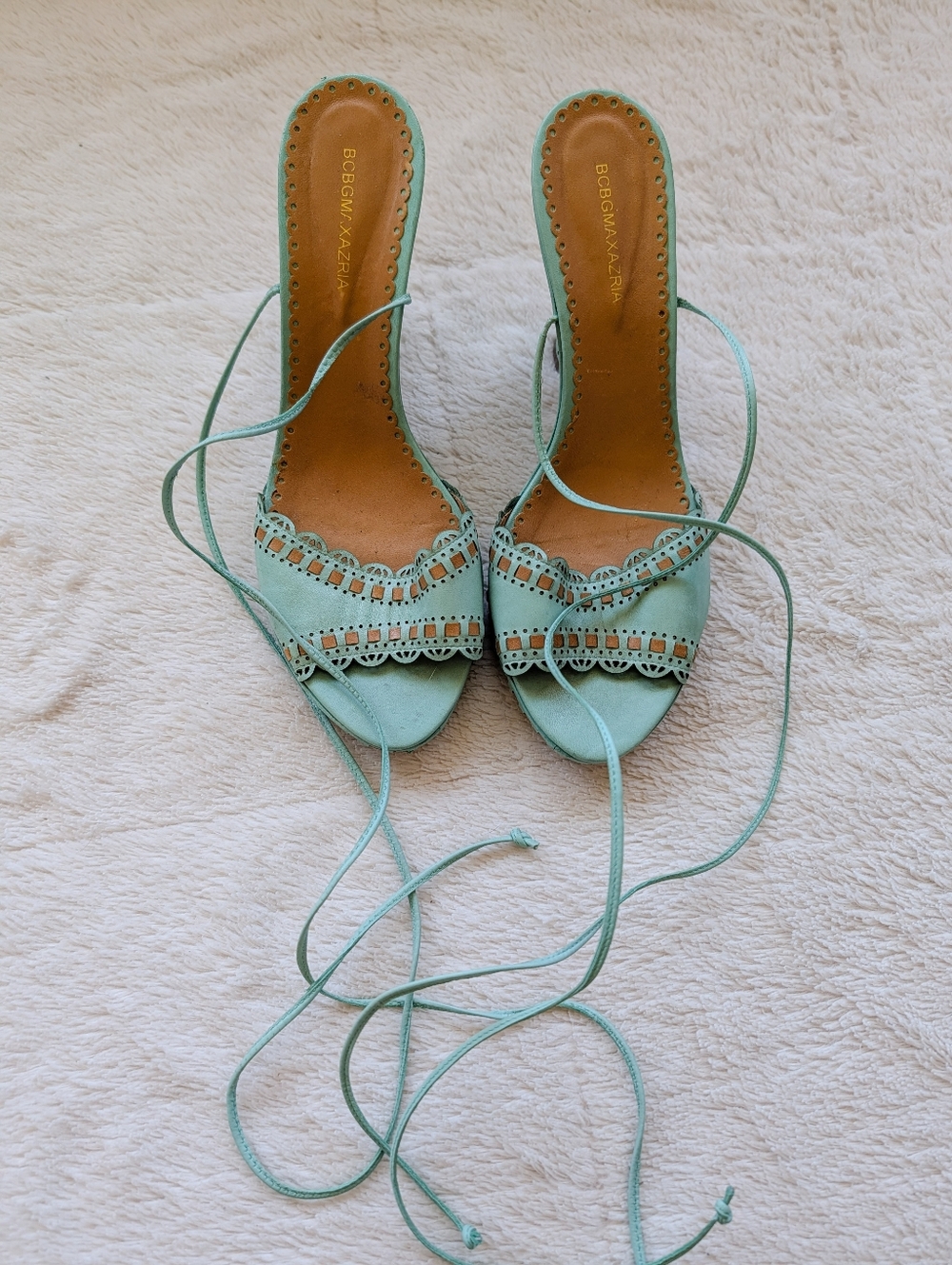 BCBGMaxazria Vintage Leather Leg Wrap Kitten Heel Wedge Sandal